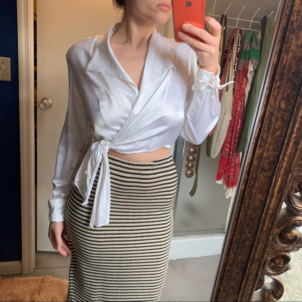 White Satin Wrap Blouse Crop Top Shoulder Pad VTG
